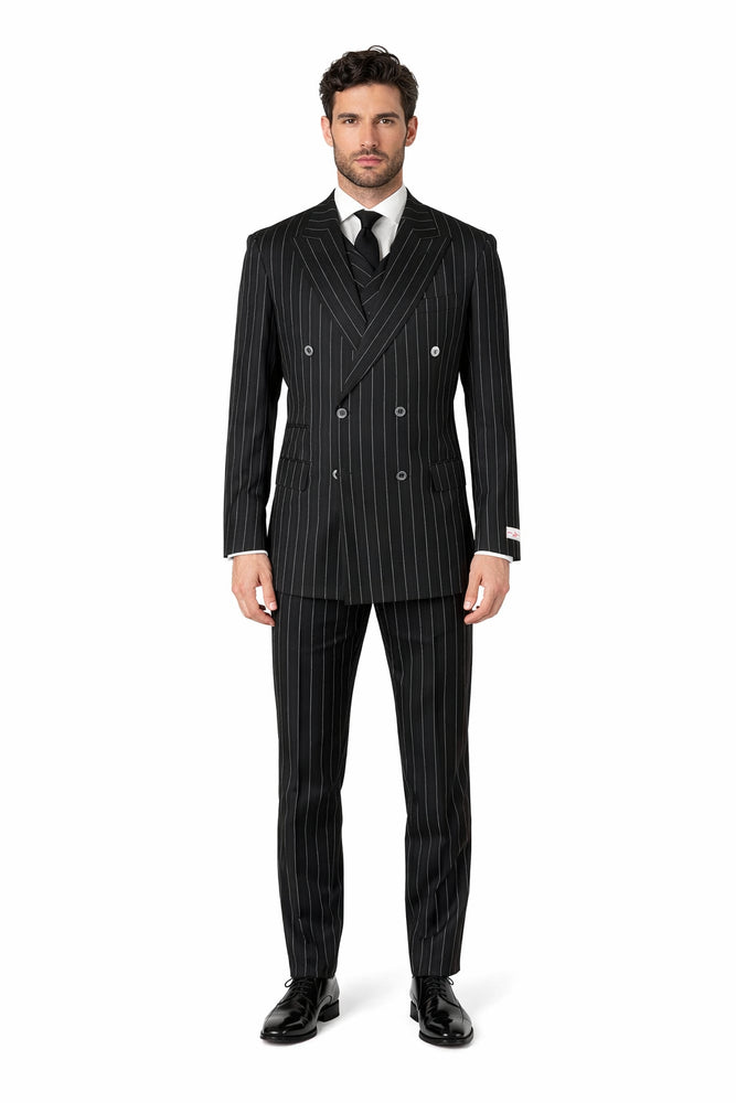 Tiglio Rosso Suit  - Classic Fit Athletic Cut 100% Wool Super 150s Italian Fabric Peak Lapel in Color Black/White