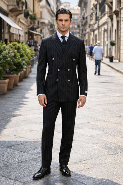 Tiglio Rosso Suit  - Classic Fit Athletic Cut 100% Wool Super 150s Italian Fabric Peak Lapel in Color Black/White