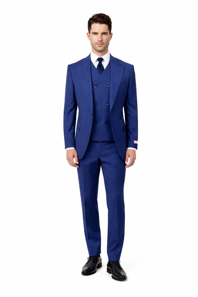 Tiglio Rosso Suit  - Classic Fit Athletic Cut 100% Wool Super 150s Italian Fabric Peak Lapel in Color Blue