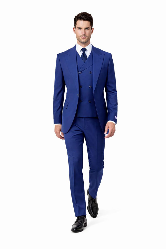 Tiglio Rosso Suit  - Classic Fit Athletic Cut 100% Wool Super 150s Italian Fabric Peak Lapel in Color Blue