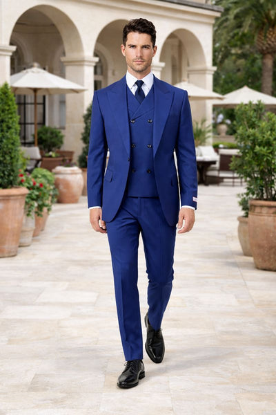 Tiglio Rosso Suit  - Classic Fit Athletic Cut 100% Wool Super 150s Italian Fabric Peak Lapel in Color Blue