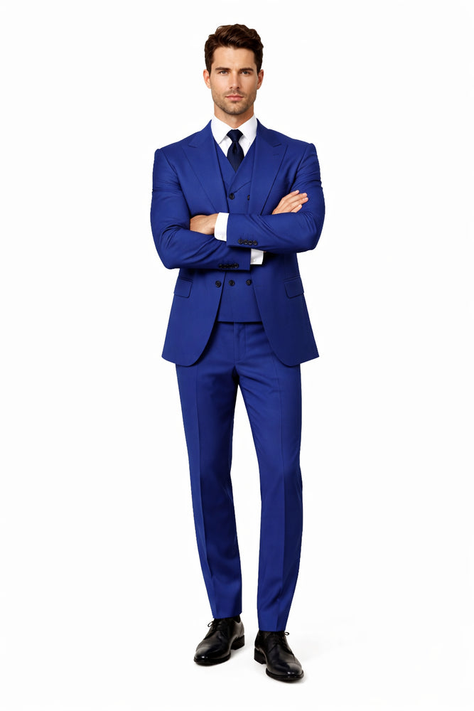 Tiglio Rosso Suit  - Classic Fit Athletic Cut 100% Wool Super 150s Italian Fabric Peak Lapel in Color Blue
