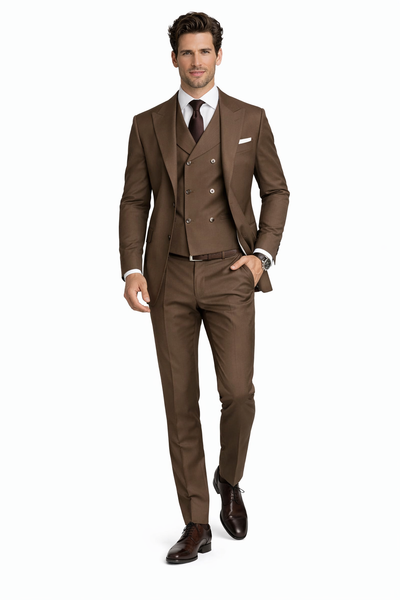 Tiglio Rosso Suit  - Classic Fit Athletic Cut 100% Wool Super 150s Italian Fabric Peak Lapel in Color Brown