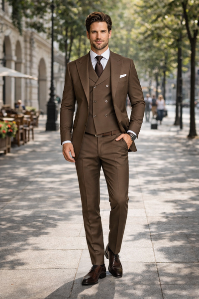 Tiglio Rosso Suit  - Classic Fit Athletic Cut 100% Wool Super 150s Italian Fabric Peak Lapel in Color Brown