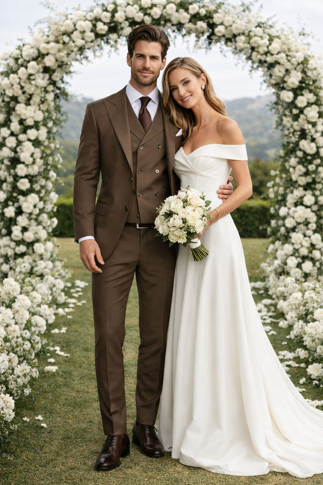 Tiglio Rosso Suit  - Classic Fit Athletic Cut 100% Wool Super 150s Italian Fabric Peak Lapel in Color Brown