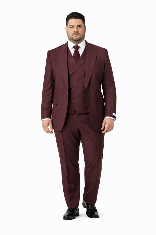 Tiglio Rosso Suit  - Classic Fit Athletic Cut 100% Wool Super 150s Italian Fabric Peak Lapel in Color Burgundy