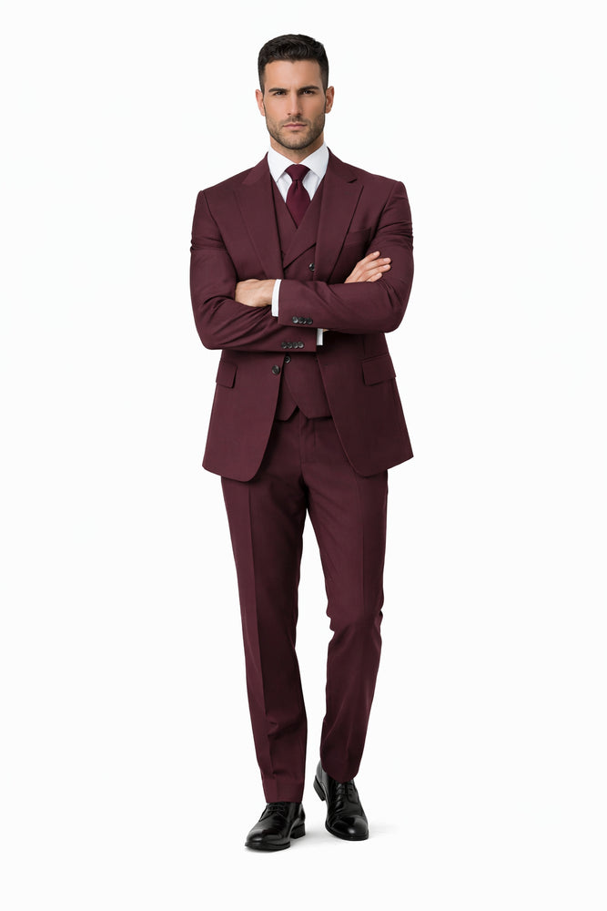 Tiglio Rosso Suit  - Classic Fit Athletic Cut 100% Wool Super 150s Italian Fabric Peak Lapel in Color Burgundy