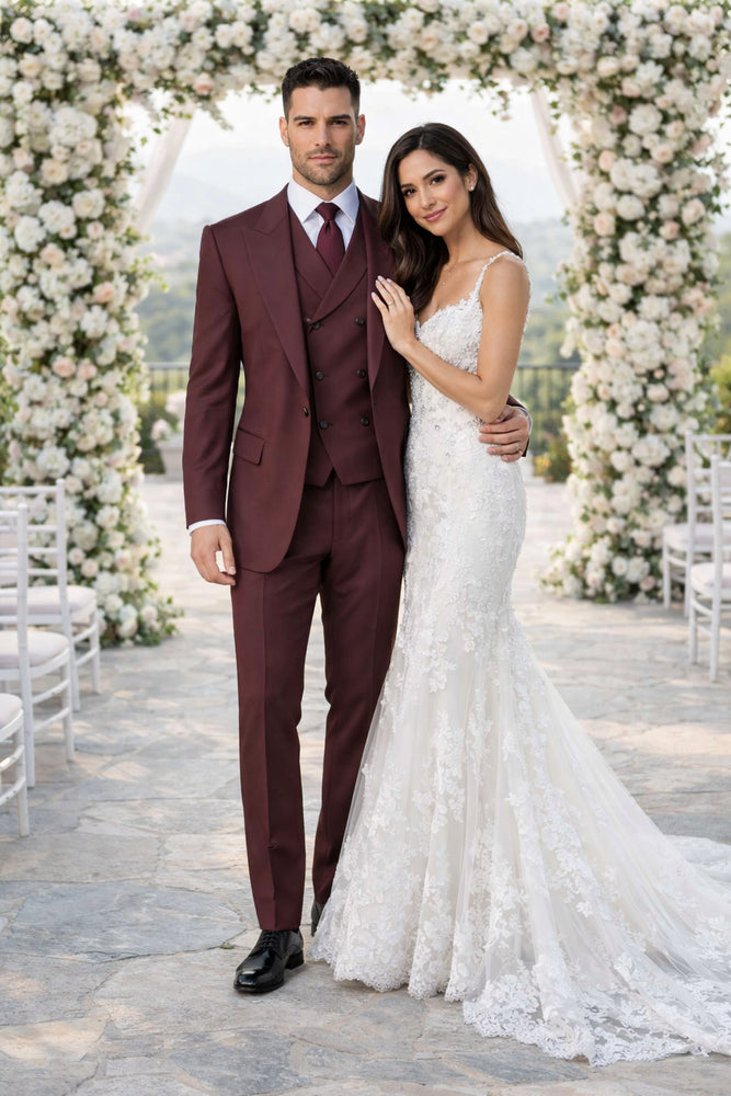 Tiglio Rosso Suit  - Classic Fit Athletic Cut 100% Wool Super 150s Italian Fabric Peak Lapel in Color Burgundy