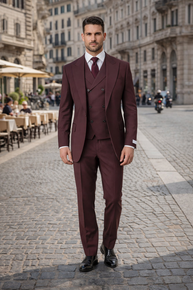 Tiglio Rosso Suit  - Classic Fit Athletic Cut 100% Wool Super 150s Italian Fabric Peak Lapel in Color Burgundy