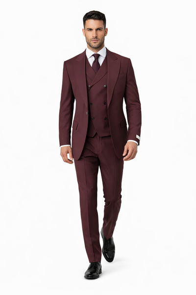 Tiglio Rosso Suit  - Classic Fit Athletic Cut 100% Wool Super 150s Italian Fabric Peak Lapel in Color Burgundy