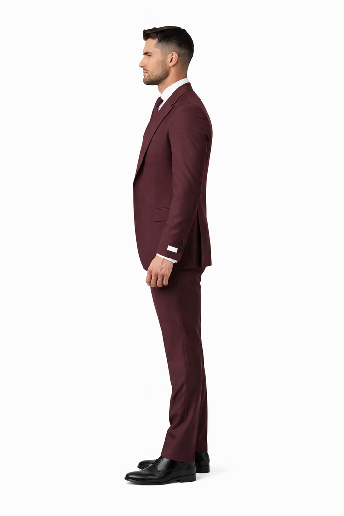 Tiglio Rosso Suit  - Classic Fit Athletic Cut 100% Wool Super 150s Italian Fabric Peak Lapel in Color Burgundy