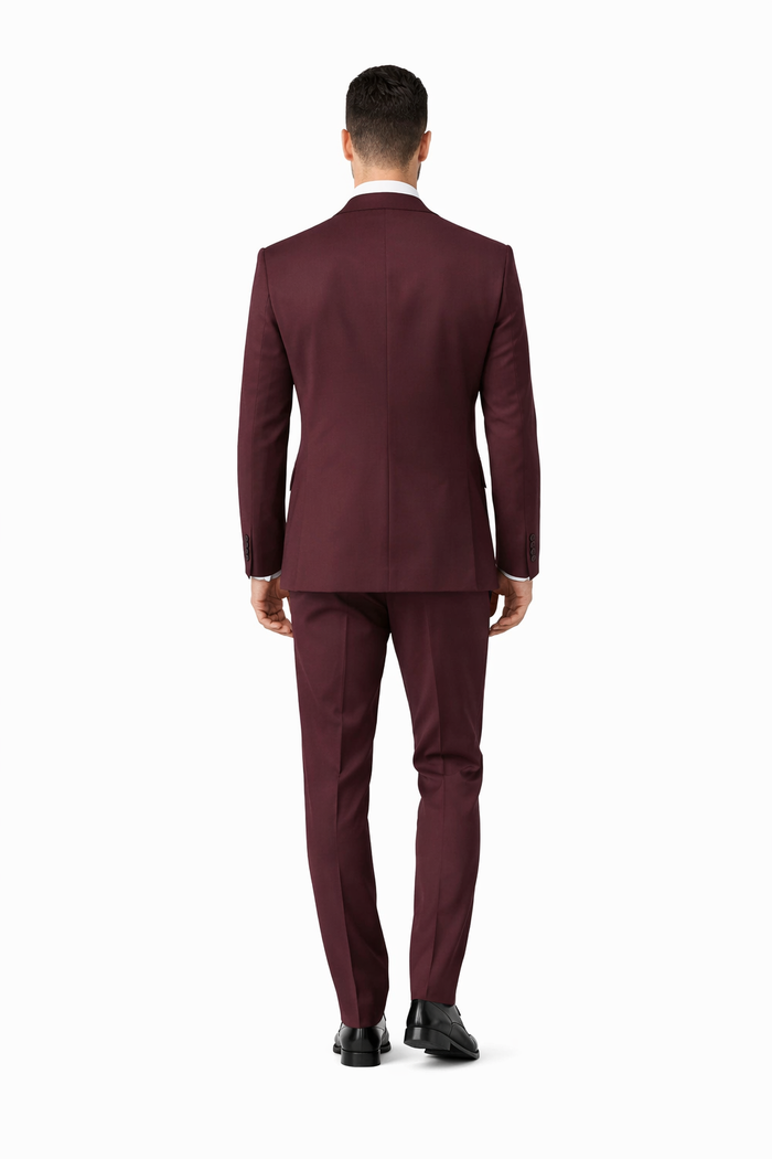 Tiglio Rosso Suit  - Classic Fit Athletic Cut 100% Wool Super 150s Italian Fabric Peak Lapel in Color Burgundy