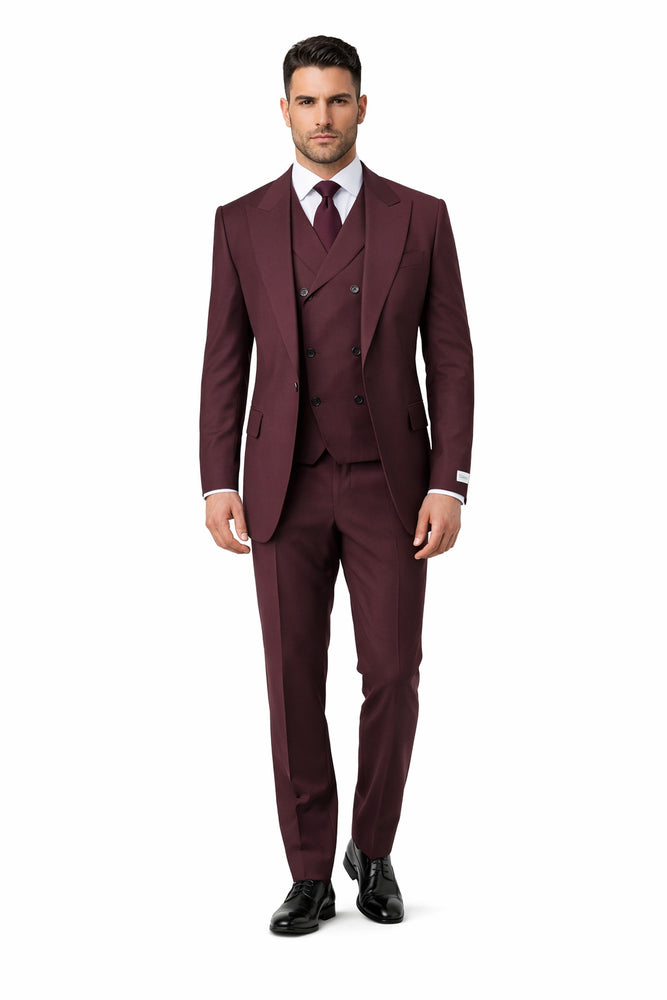 Tiglio Rosso Suit  - Classic Fit Athletic Cut 100% Wool Super 150s Italian Fabric Peak Lapel in Color Burgundy