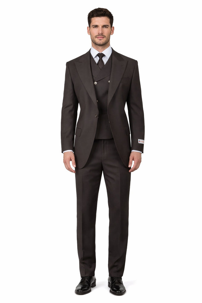 Tiglio Rosso Suit  - Classic Fit Athletic Cut 100% Wool Super 150s Italian Fabric Peak Lapel in Color Chocolate Brown
