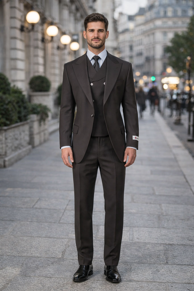 Tiglio Rosso Suit  - Classic Fit Athletic Cut 100% Wool Super 150s Italian Fabric Peak Lapel in Color Chocolate Brown