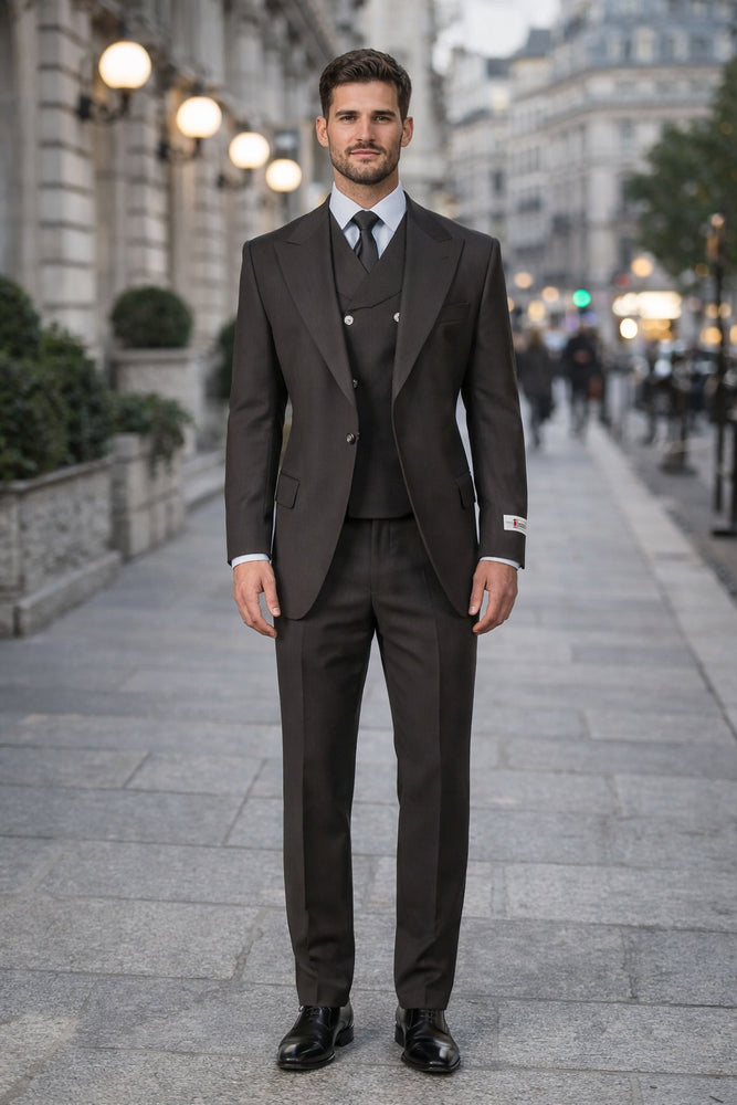 Tiglio Rosso Suit  - Classic Fit Athletic Cut 100% Wool Super 150s Italian Fabric Peak Lapel in Color Chocolate Brown