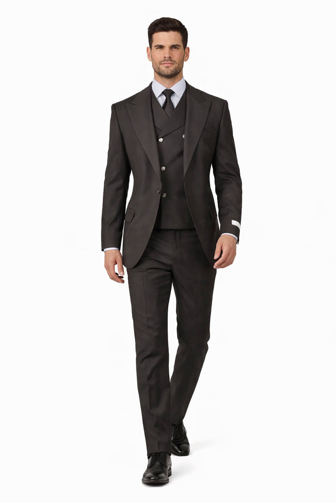 Tiglio Rosso Suit  - Classic Fit Athletic Cut 100% Wool Super 150s Italian Fabric Peak Lapel in Color Chocolate Brown