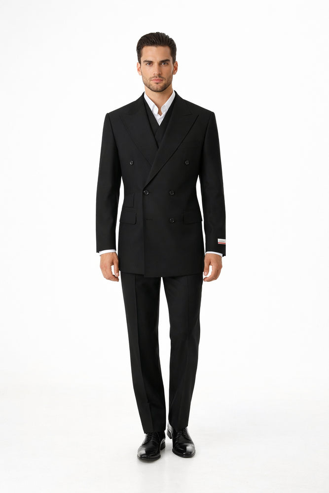Tiglio Rosso Suit  - Classic Fit Athletic Cut 100% Wool Super 150s Italian Fabric Peak Lapel in Color Dark Black