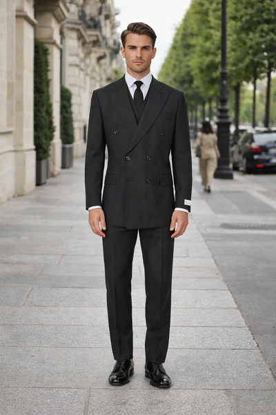 Tiglio Rosso Suit  - Classic Fit Athletic Cut 100% Wool Super 150s Italian Fabric Peak Lapel in Color Dark Black