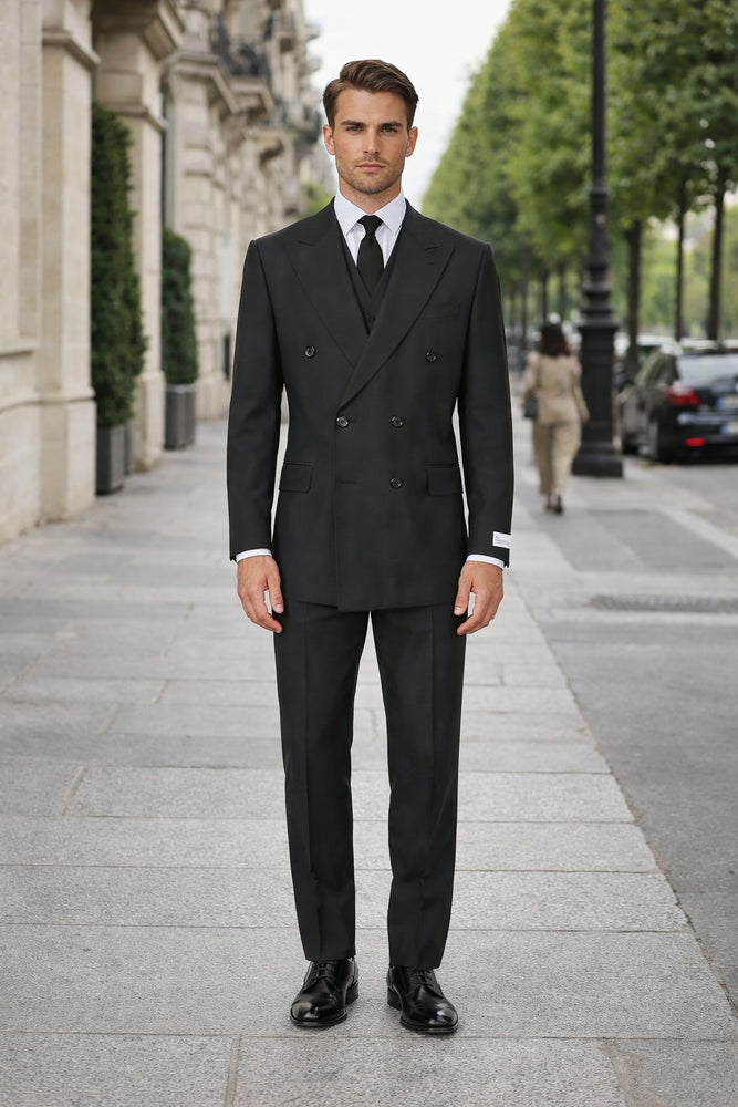 Tiglio Rosso Suit  - Classic Fit Athletic Cut 100% Wool Super 150s Italian Fabric Peak Lapel in Color Dark Black