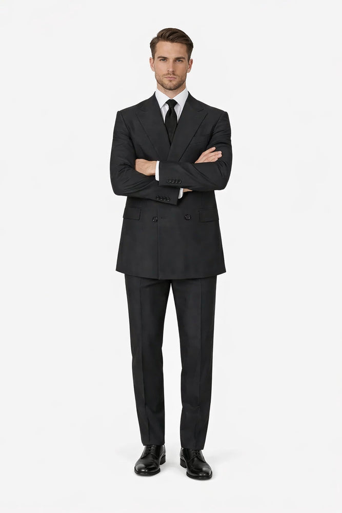 Tiglio Rosso Suit  - Classic Fit Athletic Cut 100% Wool Super 150s Italian Fabric Peak Lapel in Color Dark Black
