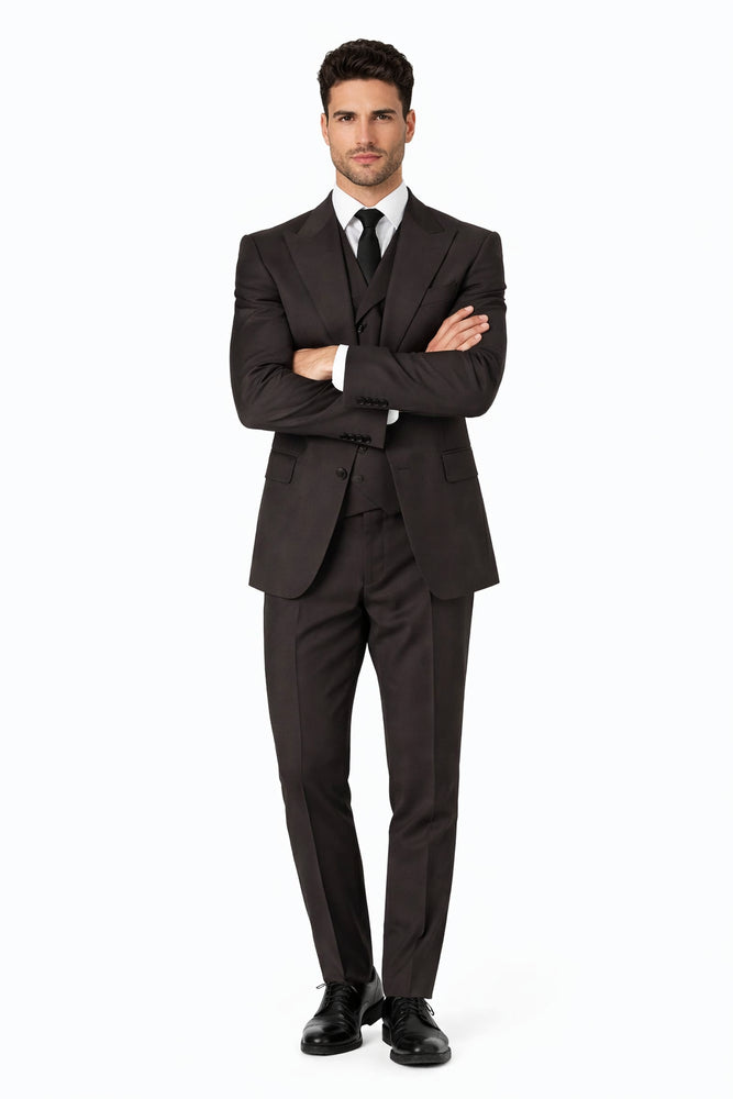 Tiglio Rosso Suit  - Classic Fit Athletic Cut 100% Wool Super 150s Italian Fabric Peak Lapel in Color Dark Brown