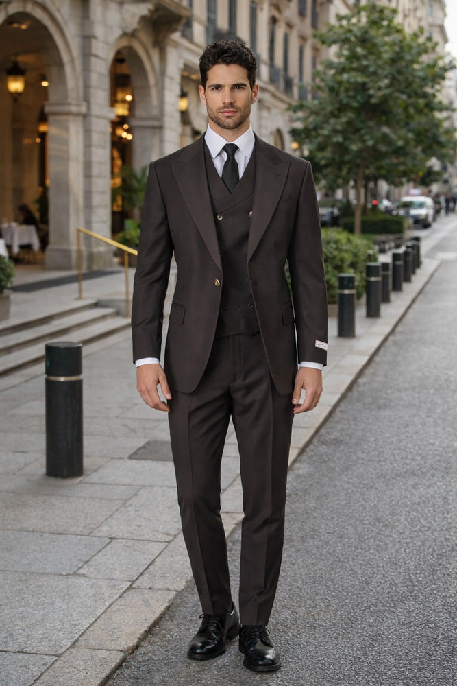 Tiglio Rosso Suit  - Classic Fit Athletic Cut 100% Wool Super 150s Italian Fabric Peak Lapel in Color Dark Brown