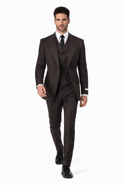 Tiglio Rosso Suit  - Classic Fit Athletic Cut 100% Wool Super 150s Italian Fabric Peak Lapel in Color Dark Brown