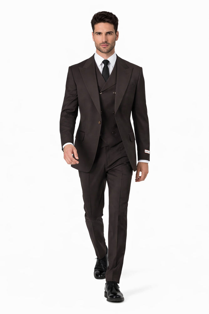 Tiglio Rosso Suit  - Classic Fit Athletic Cut 100% Wool Super 150s Italian Fabric Peak Lapel in Color Dark Brown