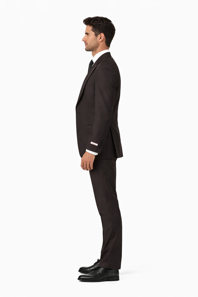 Tiglio Rosso Suit  - Classic Fit Athletic Cut 100% Wool Super 150s Italian Fabric Peak Lapel in Color Dark Brown