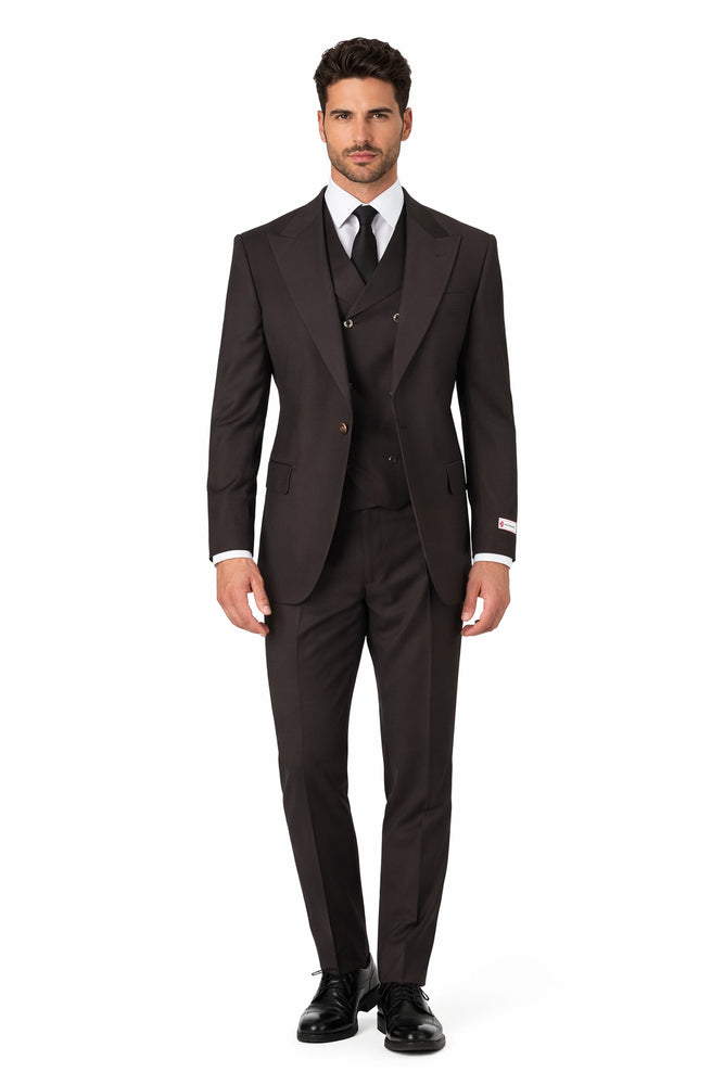 Tiglio Rosso Suit  - Classic Fit Athletic Cut 100% Wool Super 150s Italian Fabric Peak Lapel in Color Dark Brown