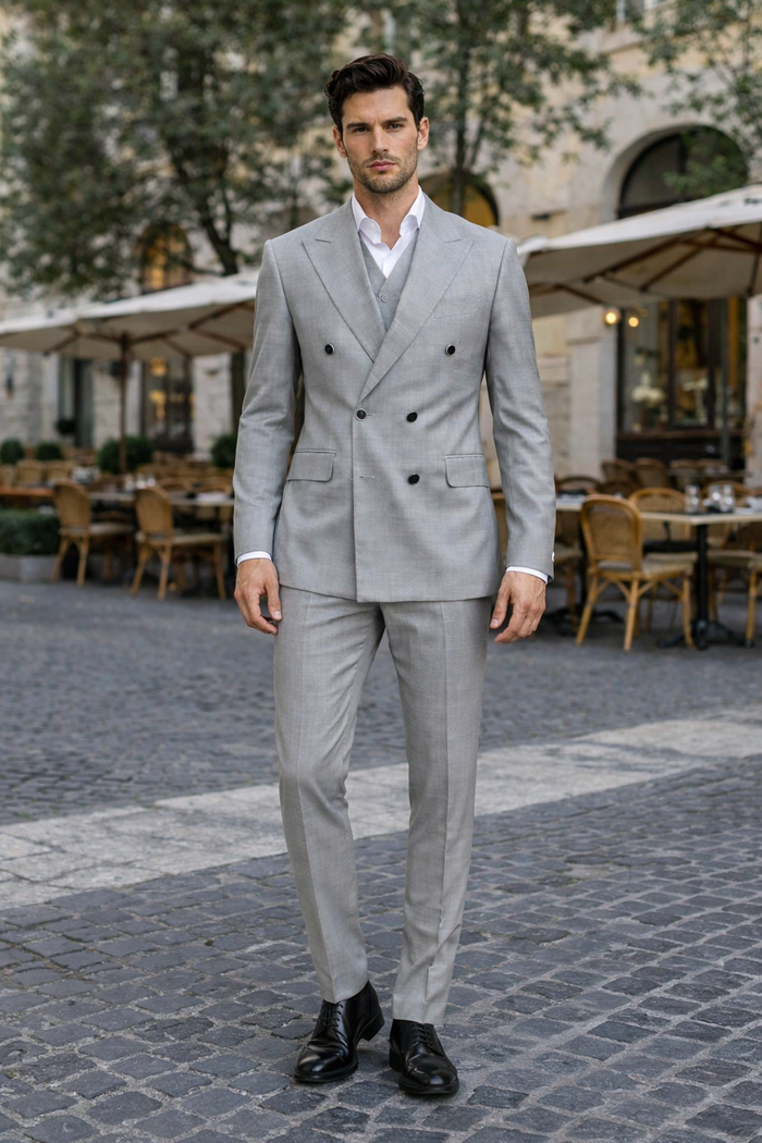 Tiglio Rosso Suit  - Classic Fit Athletic Cut 100% Wool Super 150s Italian Fabric Peak Lapel in Color Gray