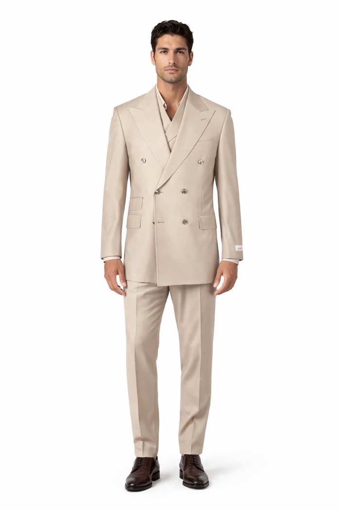 Tiglio Rosso Suit  - Classic Fit Athletic Cut 100% Wool Super 150s Italian Fabric Peak Lapel in Color Light Tan