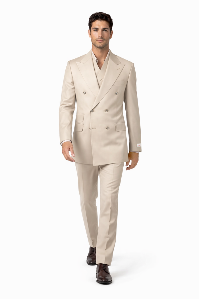 Tiglio Rosso Suit  - Classic Fit Athletic Cut 100% Wool Super 150s Italian Fabric Peak Lapel in Color Light Tan