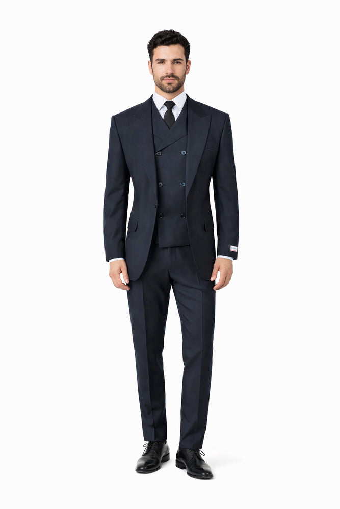 Tiglio Rosso Suit  - Classic Fit Athletic Cut 100% Wool Super 150s Italian Fabric Peak Lapel in Color Navy
