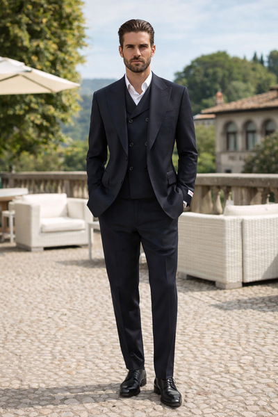 Tiglio Rosso Suit  - Classic Fit Athletic Cut 100% Wool Super 150s Italian Fabric Peak Lapel in Color Navy