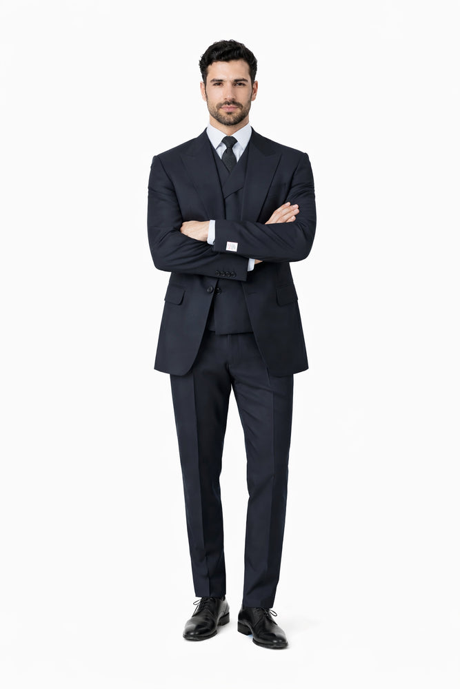 Tiglio Rosso Suit  - Classic Fit Athletic Cut 100% Wool Super 150s Italian Fabric Peak Lapel in Color Navy
