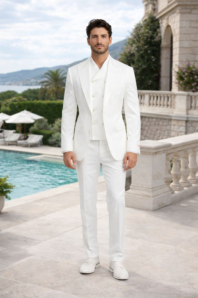 Tiglio Rosso Suit  - Classic Fit Athletic Cut 100% Wool Super 150s Italian Fabric Peak Lapel in Color Off White