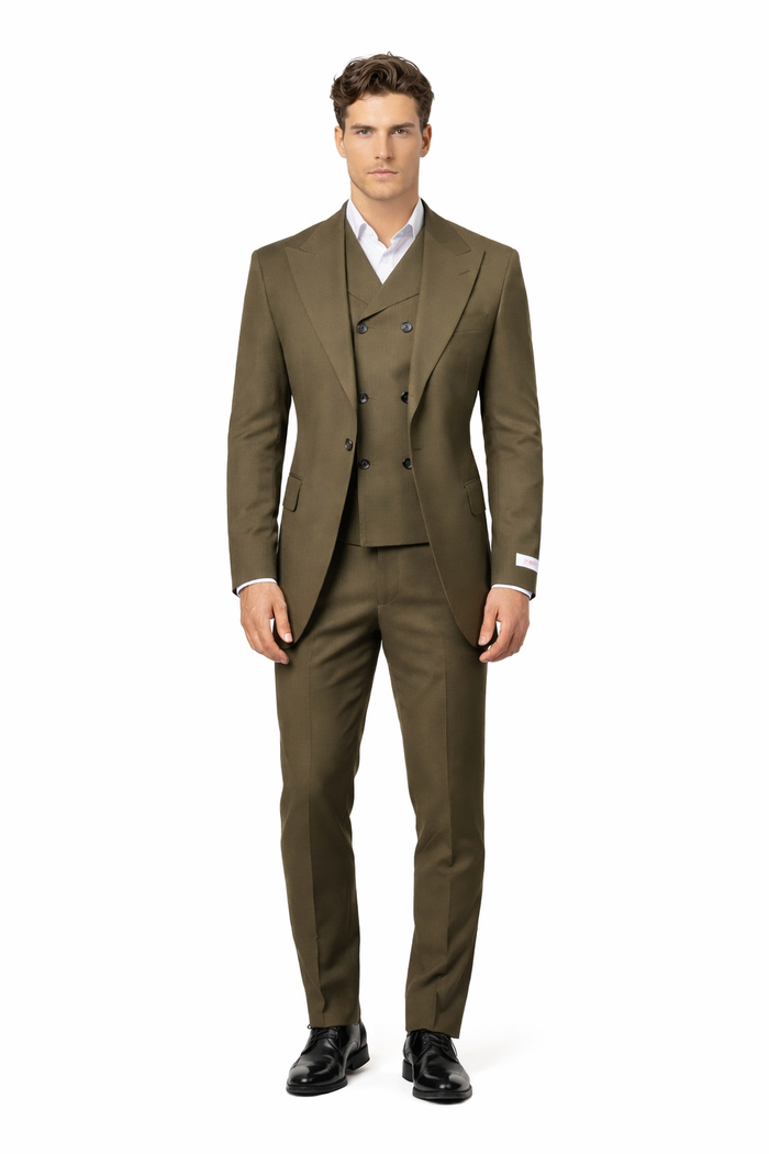 Tiglio Rosso Suit  - Classic Fit Athletic Cut 100% Wool Super 150s Italian Fabric Peak Lapel in Color Olive