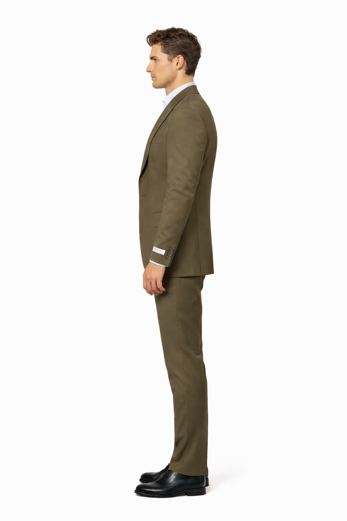 Tiglio Rosso Suit  - Classic Fit Athletic Cut 100% Wool Super 150s Italian Fabric Peak Lapel in Color Olive