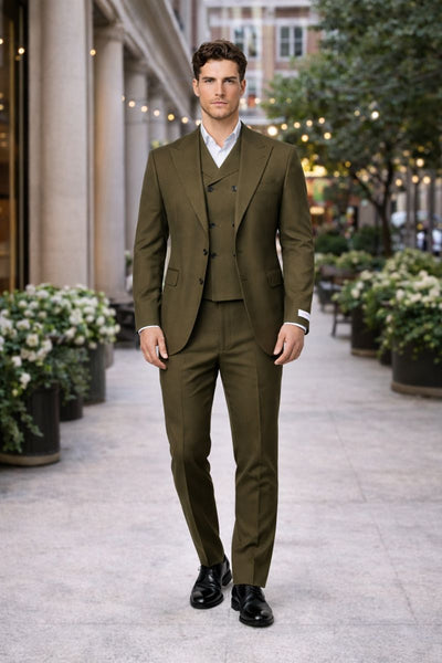 Tiglio Rosso Suit  - Classic Fit Athletic Cut 100% Wool Super 150s Italian Fabric Peak Lapel in Color Olive
