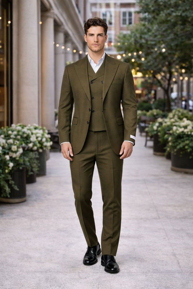 Tiglio Rosso Suit  - Classic Fit Athletic Cut 100% Wool Super 150s Italian Fabric Peak Lapel in Color Olive