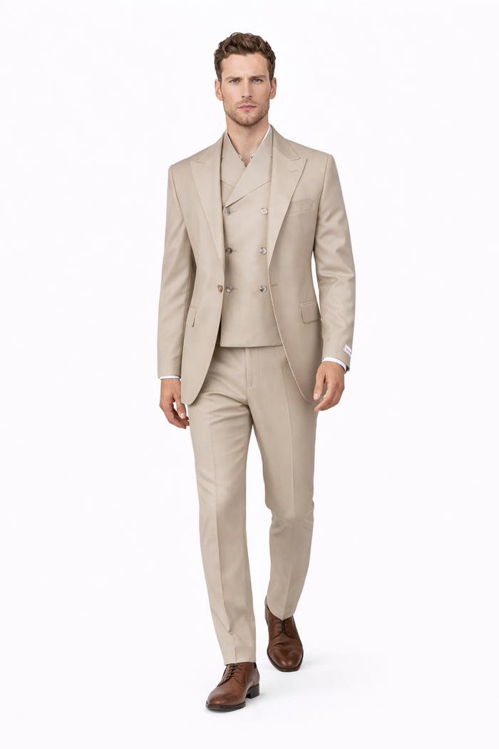 Tiglio Rosso Suit  - Classic Fit Athletic Cut 100% Wool Super 150s Italian Fabric Peak Lapel in Color Tan