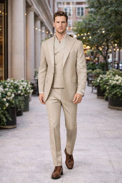 Tiglio Rosso Suit  - Classic Fit Athletic Cut 100% Wool Super 150s Italian Fabric Peak Lapel in Color Tan
