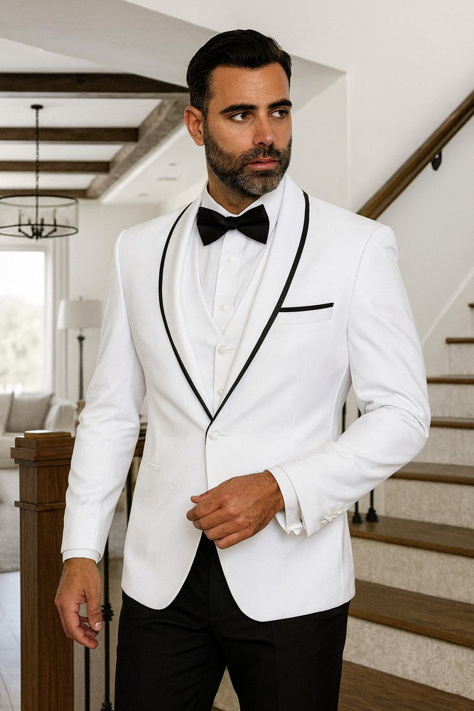 Mens Vested Wool Tuxedo in Shawl Lapel with Satin Trim in White & Black