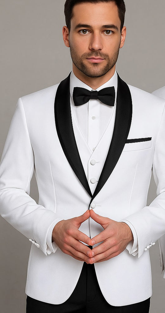 Mens Vested Wool Tuxedo in Shawl Lapel with Satin Trim in White & Black
