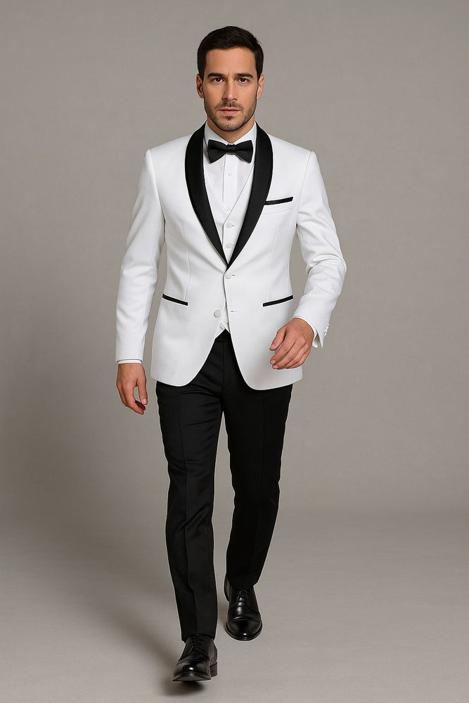 Mens Vested Wool Tuxedo in Shawl Lapel with Satin Trim in White & Black
