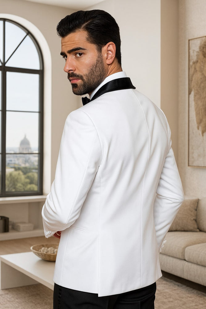 Mens Vested Wool Tuxedo in Shawl Lapel with Satin Trim in White & Black