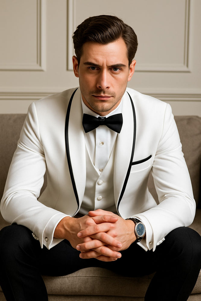 Mens Vested Wool Tuxedo in Shawl Lapel with Satin Trim in White & Black