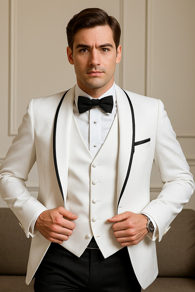Mens Vested Wool Tuxedo in Shawl Lapel with Satin Trim in White & Black